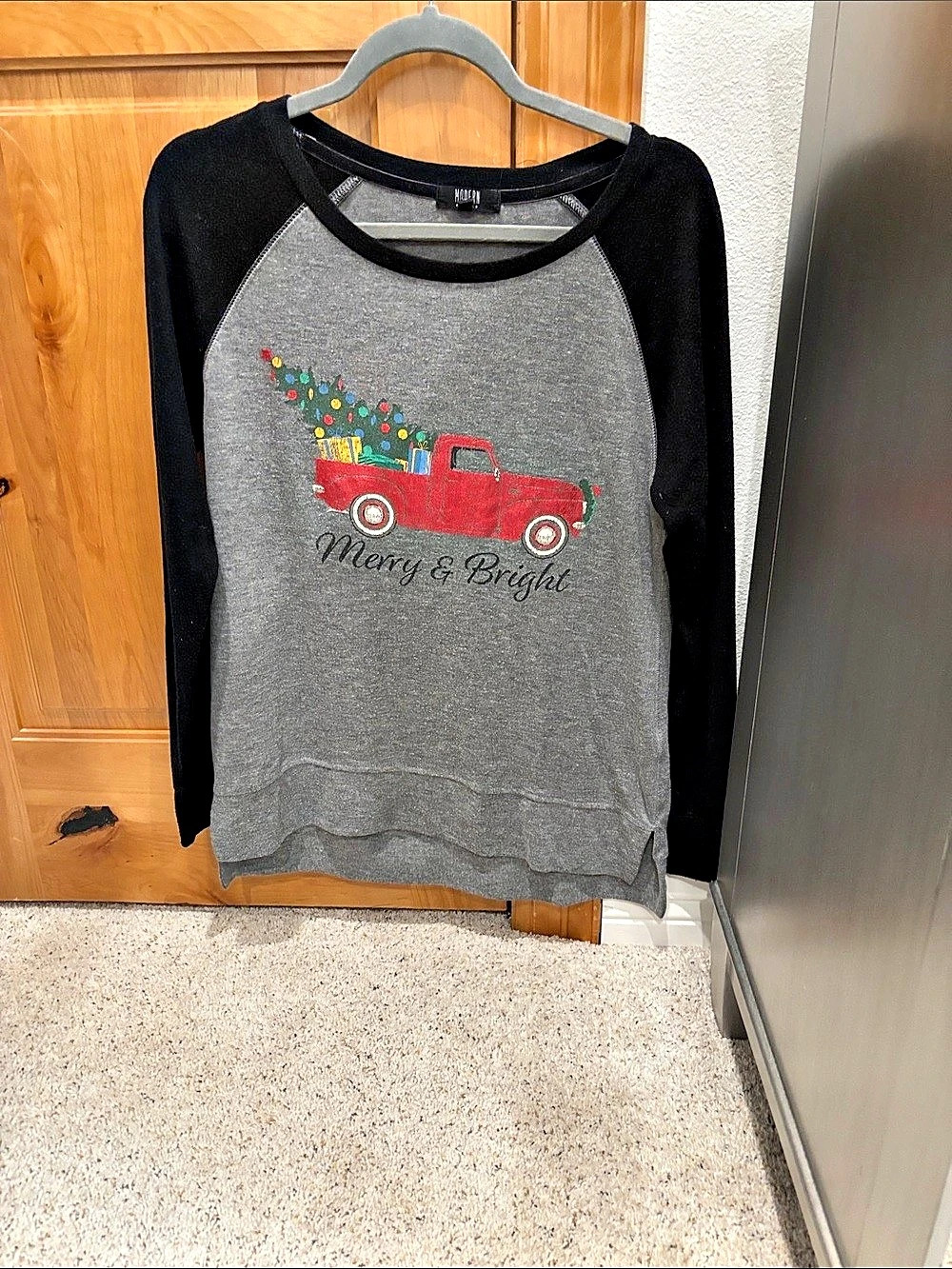Modern Canvas Merry & Bright Red Truck Christmas Raglan Sweatshirt